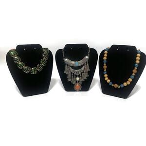 Artisan-Style Necklaces Lot of 3 Aztec Multicolor, Green Gold Links, Brown Balls